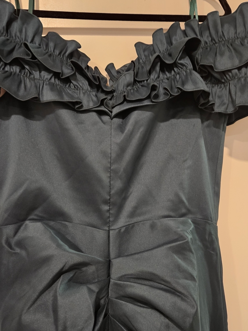 Xscape Teal Ruffled Off-Shoulder Satin Maxi Gown - Picture 2 of 9